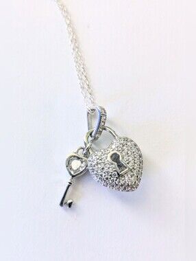 Rhodium Plated Sterling Silver C.Z. Pave Heart & Key Lovers Necklace Italy 925